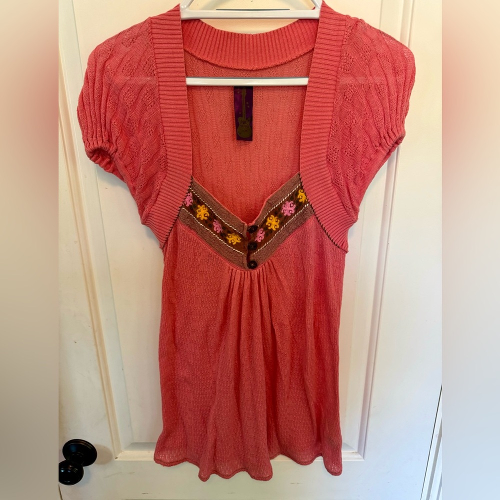 NWOT Free People Boho Sweetheart Eyelet Shirt with Crochet Flowers
